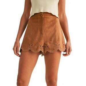 High-Waist Scalloped Hem Suede-Look Shorts - Brown